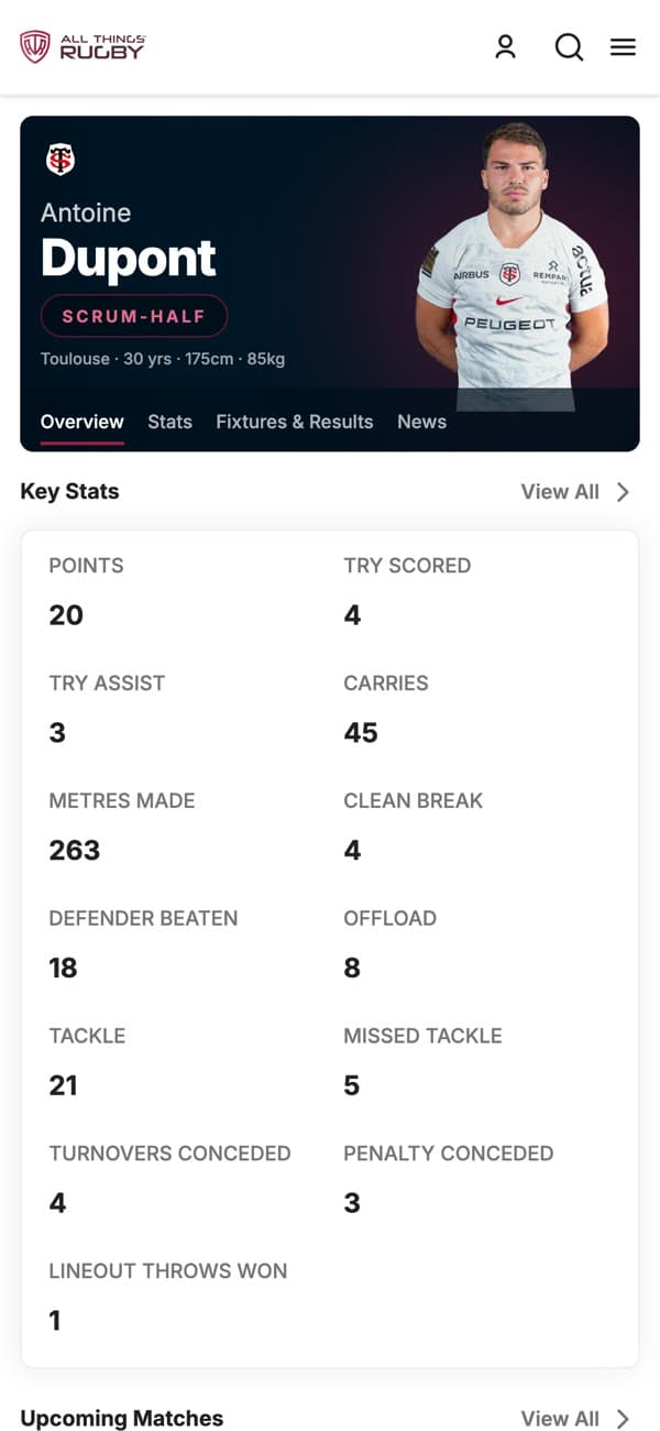 All Things Rugby — Player profile (web)