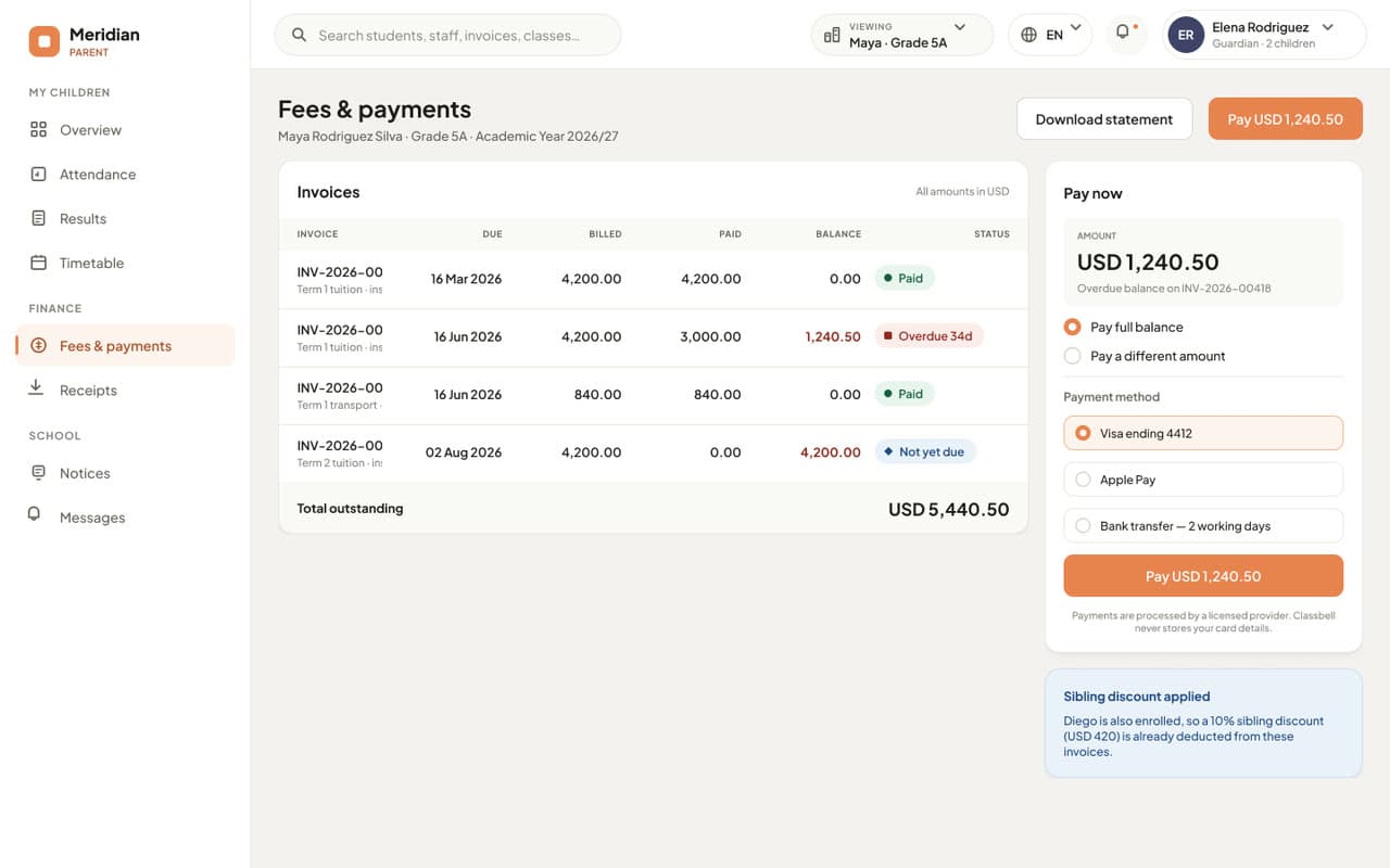 Classbell — Fees & payments